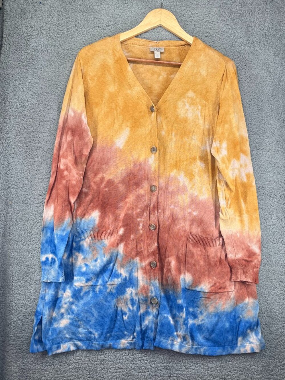 LOGO Lori Goldstein XL Tie Dye Longline Button Front Cardigan Tunic with Pockets